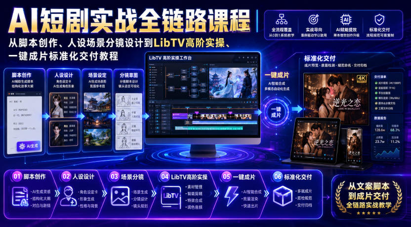 AI短剧实战全链路课程｜从脚本创作、人设场景分镜设计到LibTV高阶实操、一键成片标准化交付教程-91副业网