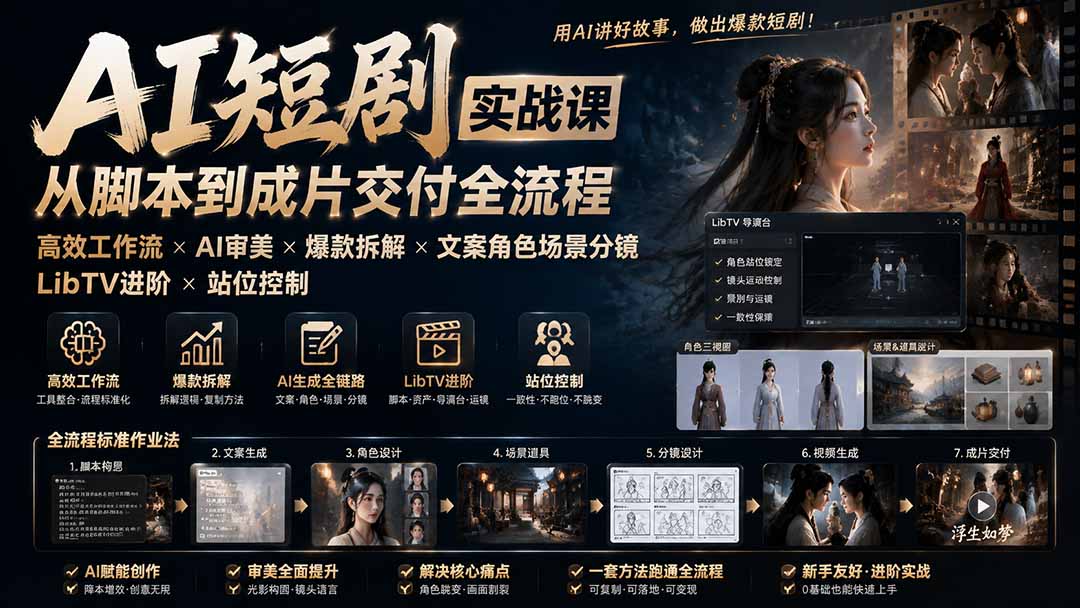 AI短剧实战课：高效工作流×AI审美×爆款拆解×文案角色场景分镜×LibTV进阶×站位控制×从脚本到成片交付全流程-91副业网