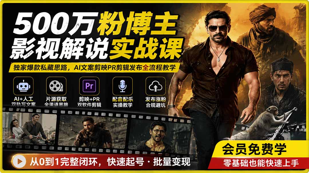500万粉博主影视解说实战课｜独家爆款私藏思路，AI文案剪映PR剪辑发布全流程教学-91副业网