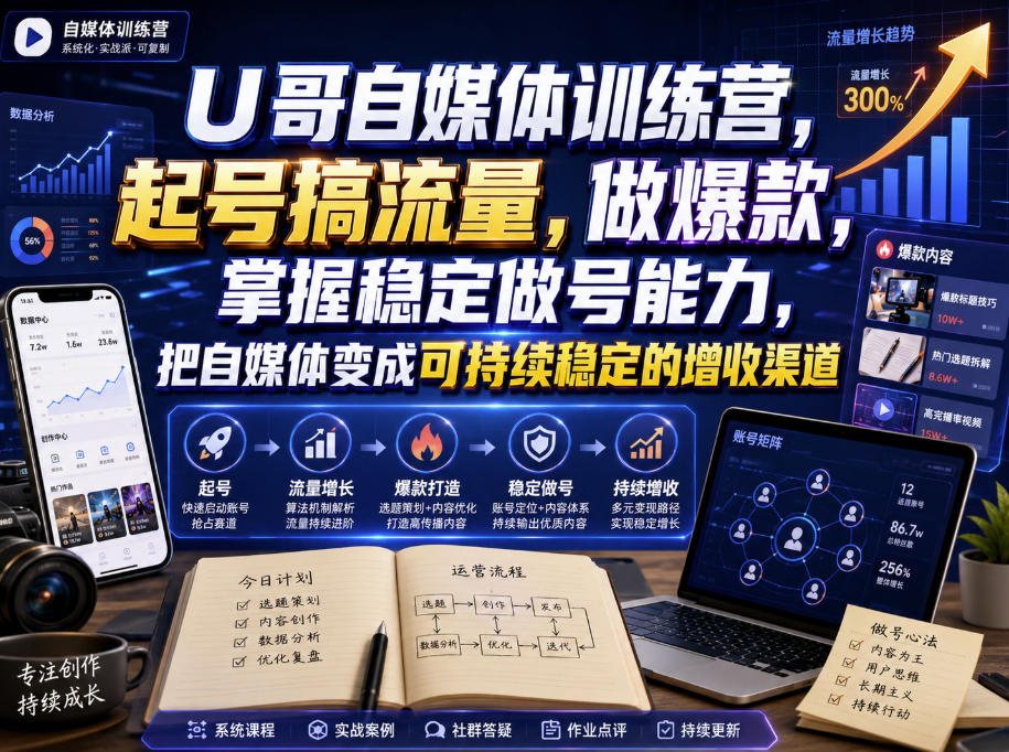 U哥自媒体训练营，起号搞流量，做爆款，掌握稳定做号能力，把自媒体变成可持续稳定的增收渠道-91副业网
