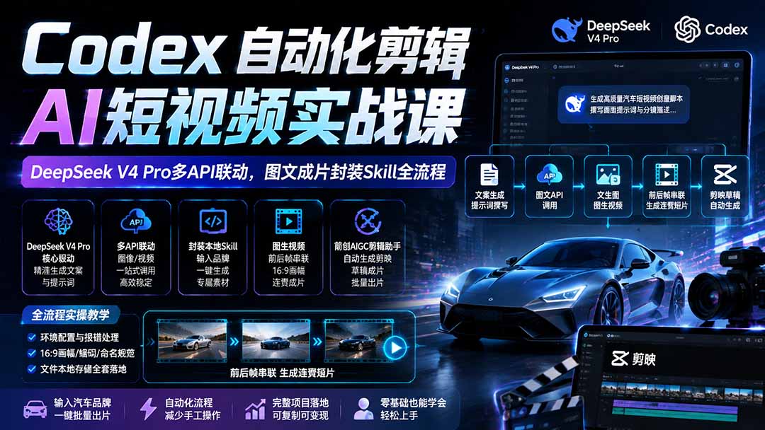 Codex自动化剪辑AI短视频实战课｜DeepSeek V4 Pro多API联动，图文成片封装Skill全流程-91副业网