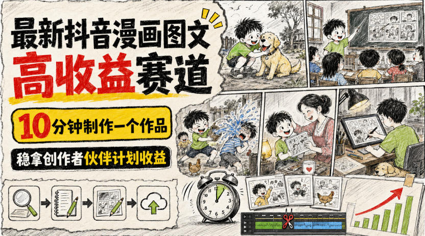 最新抖音漫画图文高收益赛道，10分钟制作一个作品，稳拿创作者伙伴计划收益-91副业网