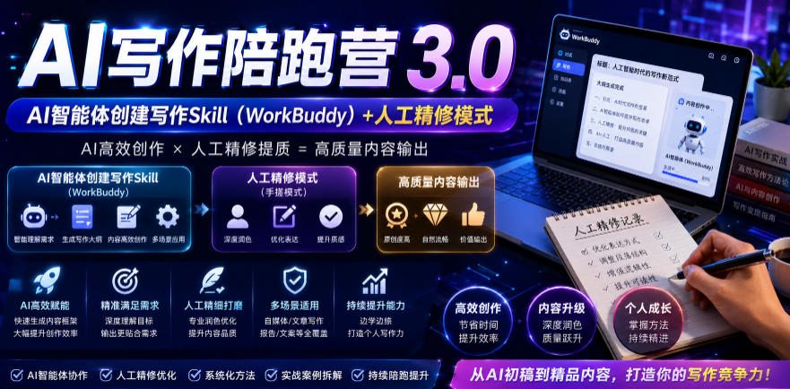 AI写作陪跑营3.0，Ai智能体创建写作skill(workbuddy)+人工手写模式(手搓模式)，去除AI痕迹(头条号、公众号、百家号)(更新0806)-91副业网