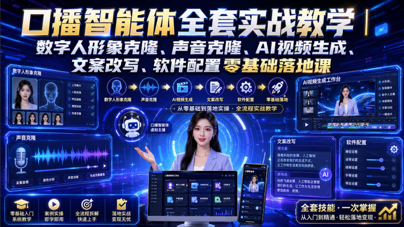 口播智能体全套实战教学|数字人形象克隆、声音克隆、AI视频生成、文案改写、软件配置零基础落地课-91副业网