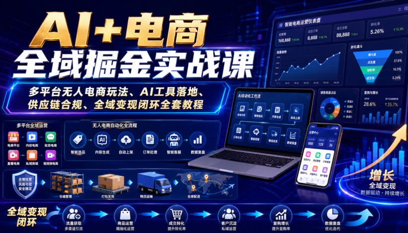 AI+电商全域掘金实战课|多平台无人电商玩法、AI工具落地、供应链合规、全域变现闭环全套教程-91副业网