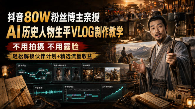 抖音80W粉丝博主的AI历史人物生平VLOG教学，不用拍摄不用露脸，AI帮你搞定，轻松解锁伙伴计划+精选收益-91副业网