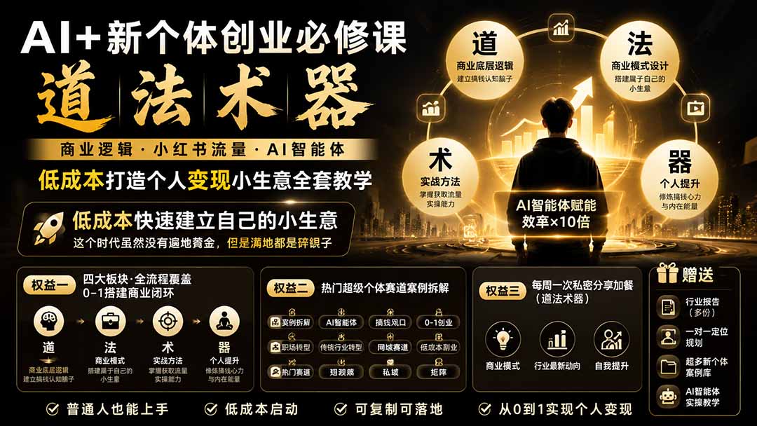 AI+新个体创业必修课｜道法术器｜商业逻辑·小红书流量·AI智能体｜低成本打造个人变现小生意全套教学-91副业网