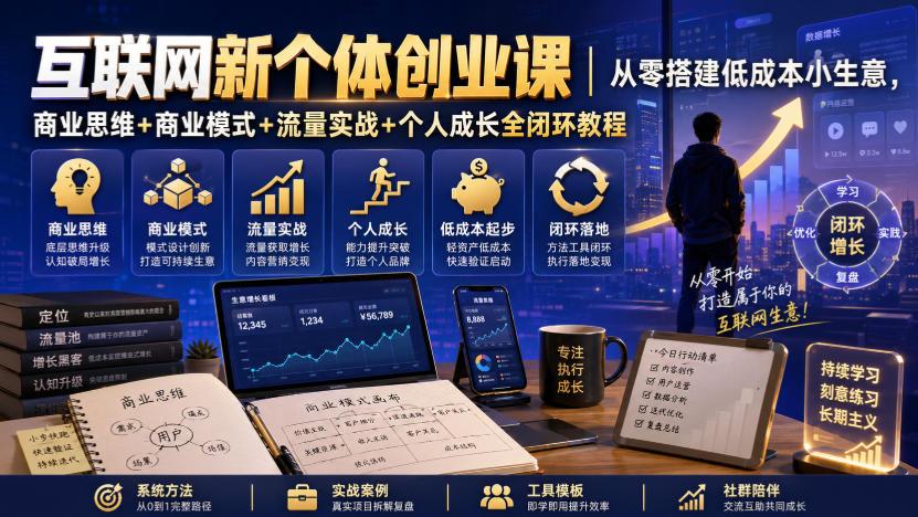 互联网新个体创业课|从零搭建低成本小生意,商业思维+商业模式+流量实战+个人成长全闭环教程-91副业网