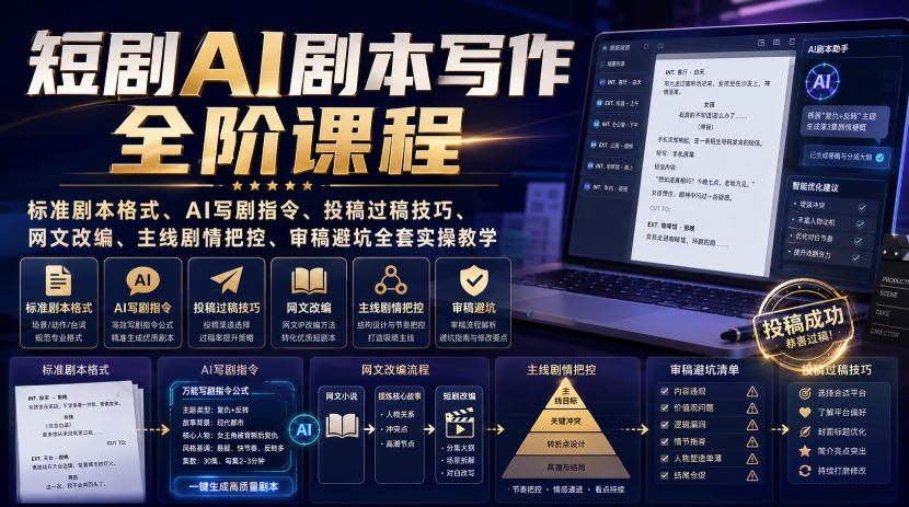 短剧AI剧本写作全阶课程|标准剧本格式、AI写剧指令、投稿过稿技巧、网文改编、主线剧情把控、审稿避坑全套实操教学-91副业网