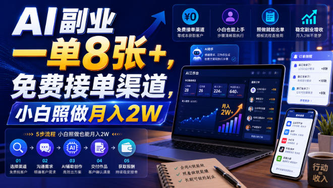 AI副业一单8张+，免费接单渠道，小白照做月入2W【揭秘】-91副业网