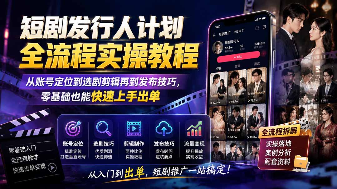 短剧发行人计划全流程实操教程；从账号定位到选剧剪辑再到发布技巧，零基础也能快速上手出单-91副业网