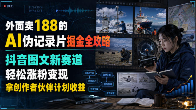 外面卖188的AI伪记录片掘金全攻略，抖音图文新赛道，轻松涨粉变现，拿创作者伙伴计划收益【文档】-91副业网
