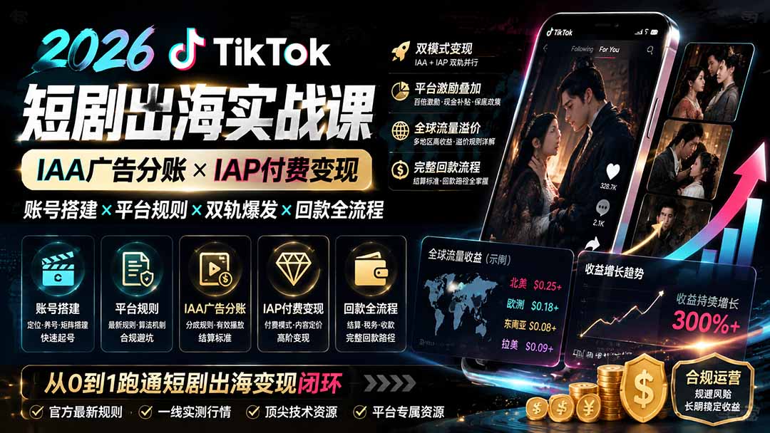 2026TikTok短剧出海实战课:IAA广告分账×IAP付费变现×账号搭建×平台规则×双轨爆发×回款全流程-91副业网
