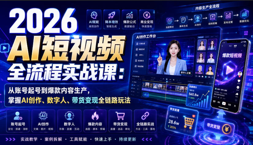 2026 AI短视频全流程实战课：从账号起号到爆款内容生产，掌握AI创作、数字人、带货变现全链路玩法-91副业网
