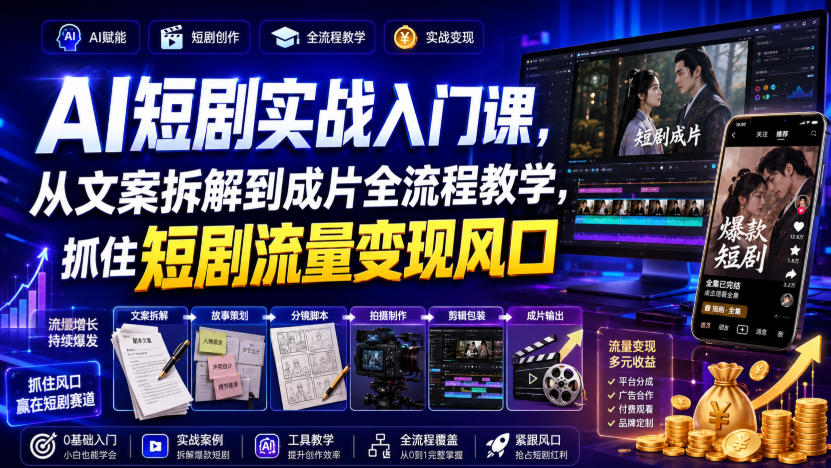 AI短剧实战入门课，从文案拆解到成片全流程教学，抓住短剧流量变现风口-91副业网