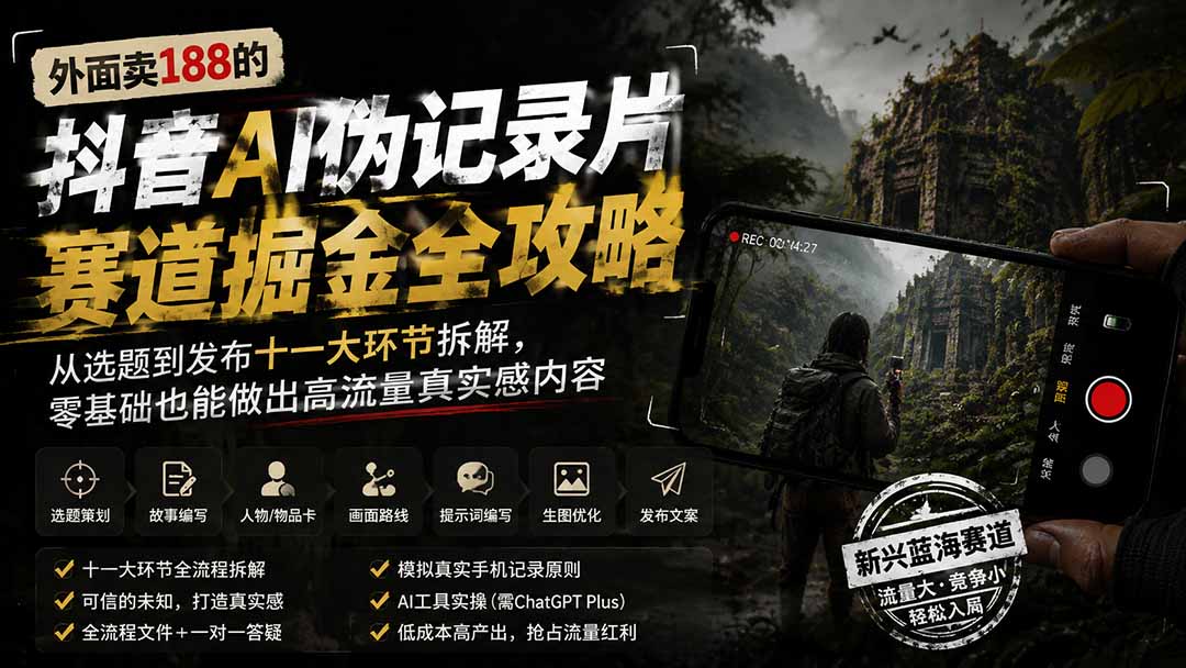 外面卖188的抖音AI伪记录片赛道掘金全攻略；从选题到发布十一大环节拆解，零基础也能做出高流量真实感内容-91副业网