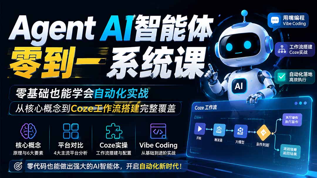 Agent AI智能体零到一系统课；零基础也能学会自动化实战，从核心概念到Coze工作流搭建完整覆盖-91副业网