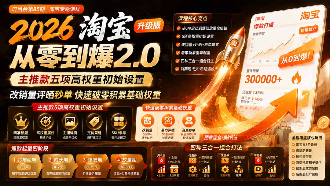 2026淘宝从零到爆2.0第85期；主推款五项高权重初始设置，改销量评晒秒单快速破零积累基础权重-91副业网