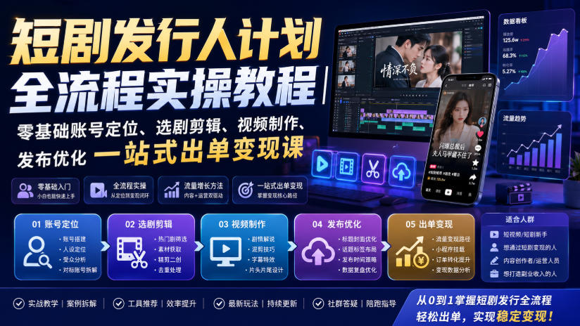 短剧发行人计划全流程实操教程｜零基础账号定位、选剧剪辑、视频制作、发布优化一站式出单变现课​-91副业网