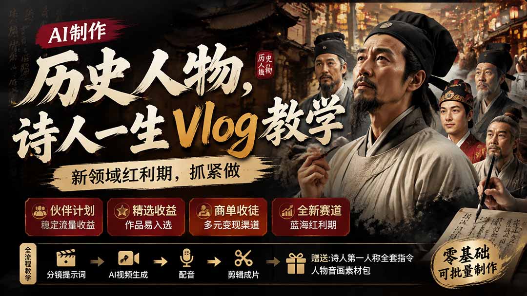 历史人物,诗人一生Vlog教学, AI制作丨伙伴计划丨精选收益丨商单收徒 ,新领域红利期,抓紧做-91副业网