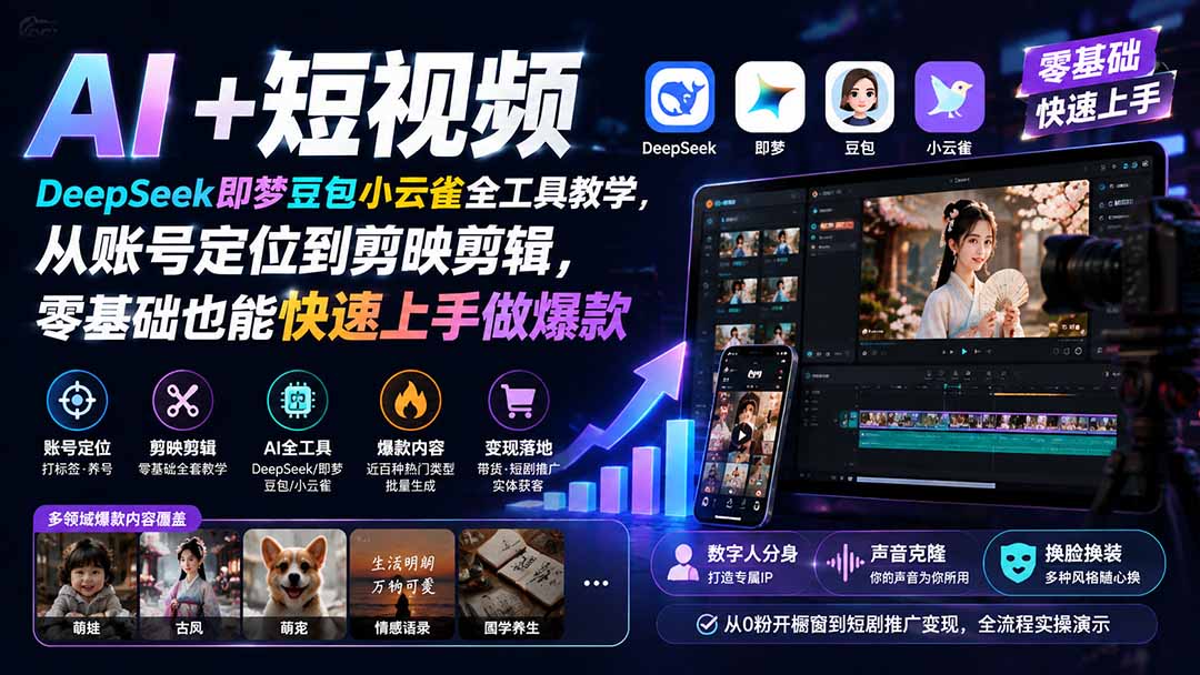 AI+短视频|DeepSeek即梦豆包小云雀全工具教学,从账号定位到剪映剪辑,零基础也能快速上手做爆款-91副业网