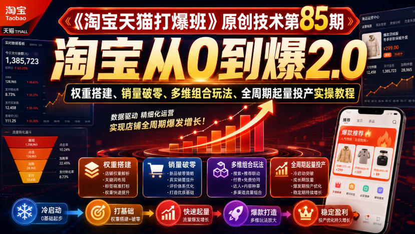 《淘宝天猫打爆班》原创技术第85期，淘宝从0到爆2.0，权重搭建、销量破零、多维组合玩法、全周期起量投产实操教程-91副业网