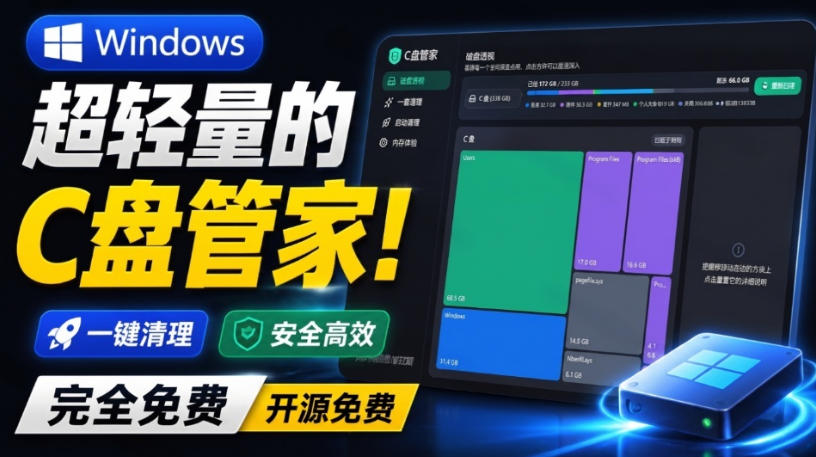 Windows超轻量的C盘管家！超级有特点，支持磁盘分析及清理提醒，2M大小体积，完全免费C盘管家-91副业网