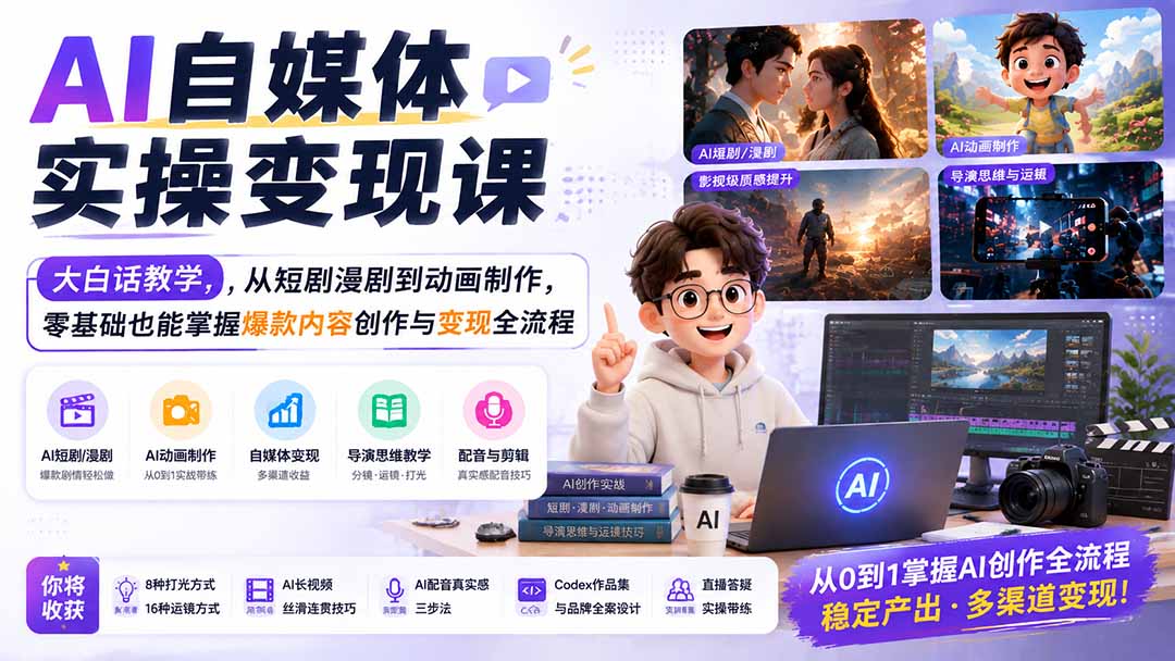 AI自媒体实操变现课｜大白话教学，从短剧漫剧到动画制作，零基础也能掌握爆款内容创作与变现全流程-91副业网
