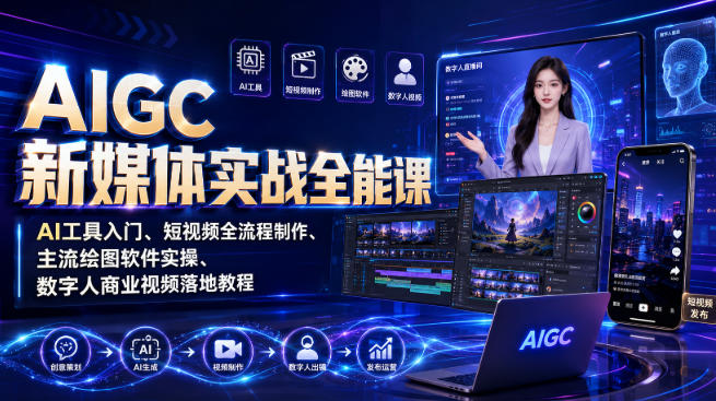 AIGC新媒体实战全能课|AI工具入门、短视频全流程制作、主流绘图软件实操、数字人商业视频落地教程-91副业网