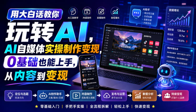 用大白话教你玩转AI，AI自媒体实操制作变现，0基础也能上手，从内容到变现-91副业网
