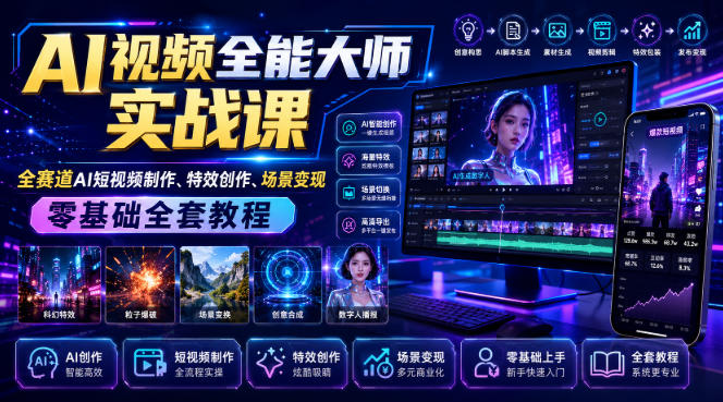 AI视频全能大师实战课|全赛道AI短视频制作、特效创作、场景变现零基础全套教程-91副业网