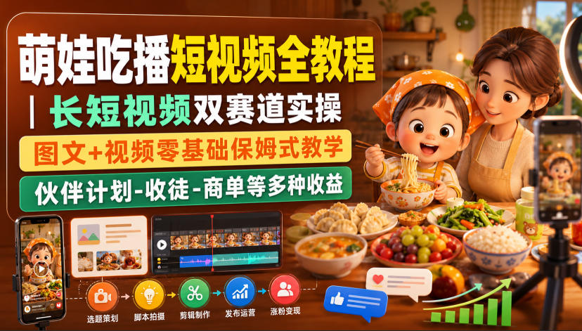 萌娃吃播短视频全教程|长短视频双赛道实操,图文+视频零基础保姆式教学,伙伴计划-收徒-商单等多种变现方式-91副业网