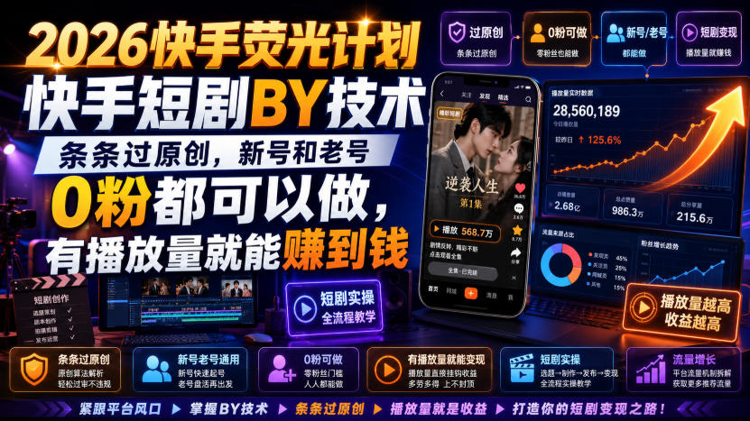 2026快手荧光计划,快手短剧搬运技术,条条过原创,新号和老号0粉都可以做,有播放量就能賺到钱-91副业网