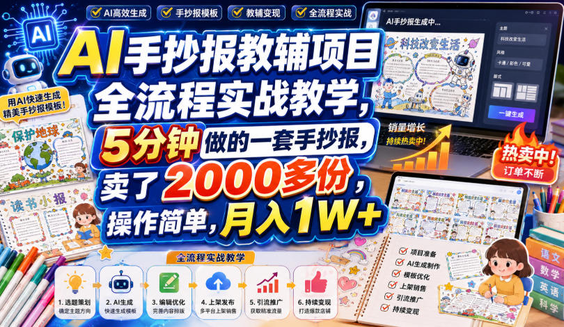 AI手抄报教辅项目全流程实战教学，5分钟做的一套手抄报，卖了2000多份，操作简单，月入1W+-91副业网