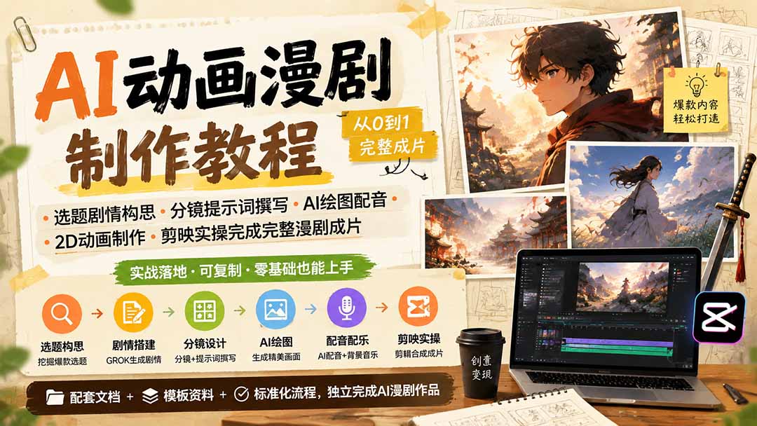 AI动画漫剧制作教程｜选题剧情构思·分镜提示词撰写·AI绘图配音·2D动画制作·剪映实操完成完整漫剧成片-91副业网