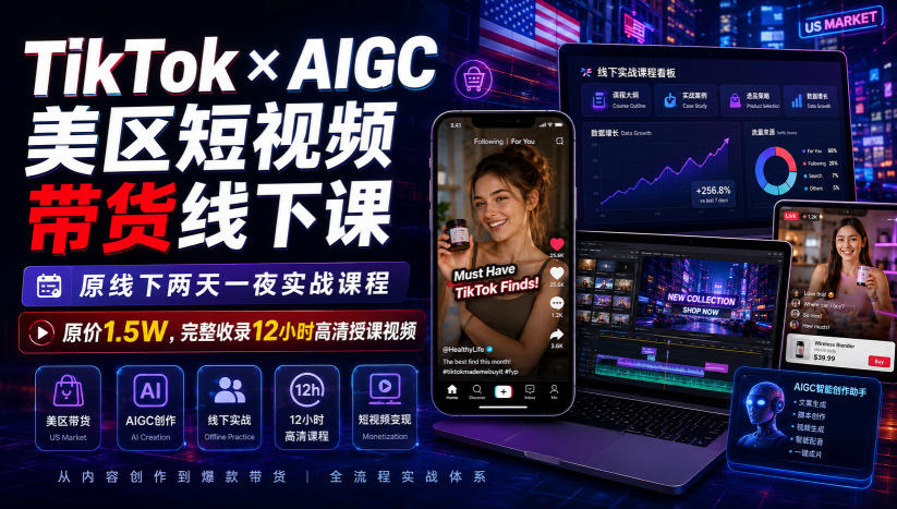 TikTok×AIGC美区短视频带货线下课,原线下两天一夜实战课程,原价1.5W,完整收录12小时高清授课视频-91副业网