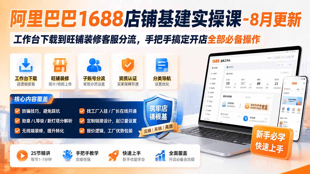 阿里巴巴1688店铺基建实操课-8月更新;工作台下载到旺铺装修客服分流,手把手搞定开店全部必备操作-91副业网