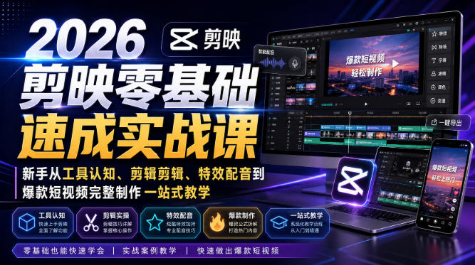 2026剪映零基础速成实战课|新手从工具认知、剪辑剪辑、特效配音到爆款短视频完整制作一站式教学-91副业网