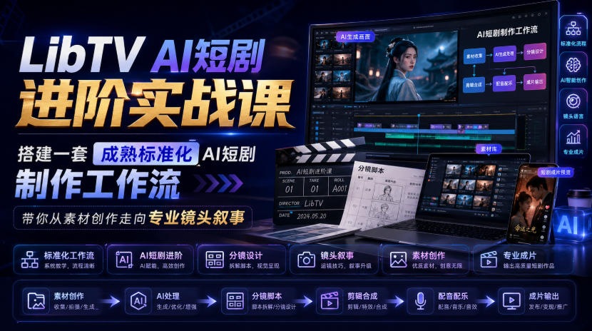 LibTV AI短剧进阶实战课,搭建一套成熟标准化AI短剧制作工作流,带你从素材创作走向专业镜头叙事-91副业网