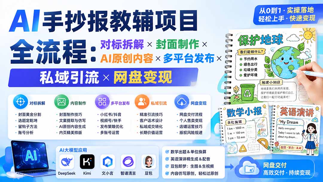 AI手抄报教辅项目全流程：对标拆解×封面制作×AI原创内容×多平台发布×私域引流×网盘变现-91副业网