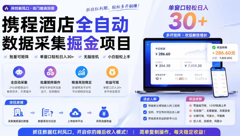 携程酒店采集挂G项目，批量可矩阵，单机轻松日入300+，开启你的睡后收入模式!【揭秘】-91副业网