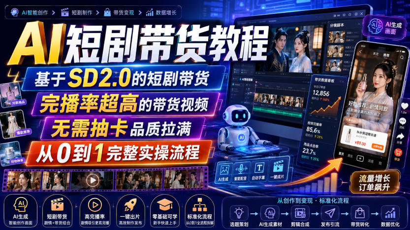 AI短剧带货教程，基于SD2.0的短剧带货，完播率超高的带货视频，无需抽卡品质拉满，从0到1完整实操流程-91副业网
