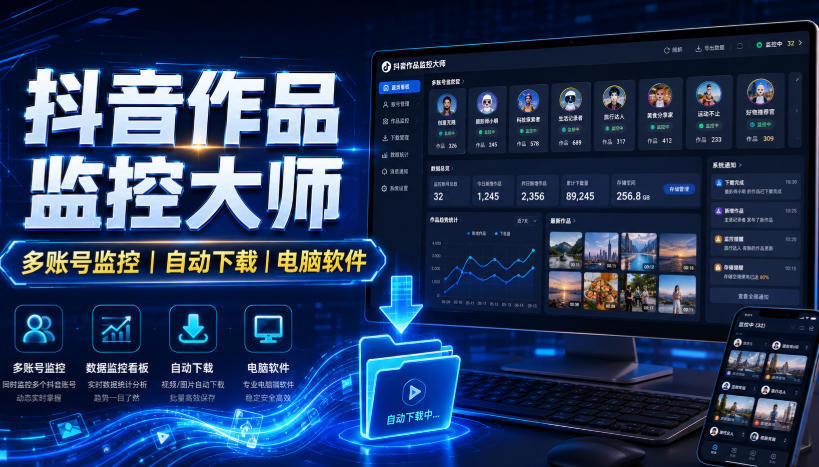 抖音作品监控大师，多账号监控丨自动下载丨电脑软件-91副业网