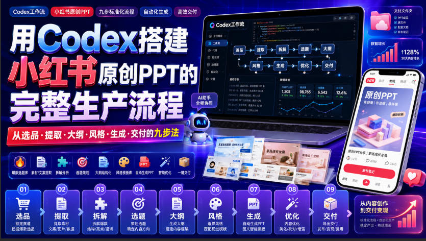 用Codex搭建小红书原创PPT的完整生产流程，从选品·提取·大纲·风格·生成·交付的九步法-91副业网