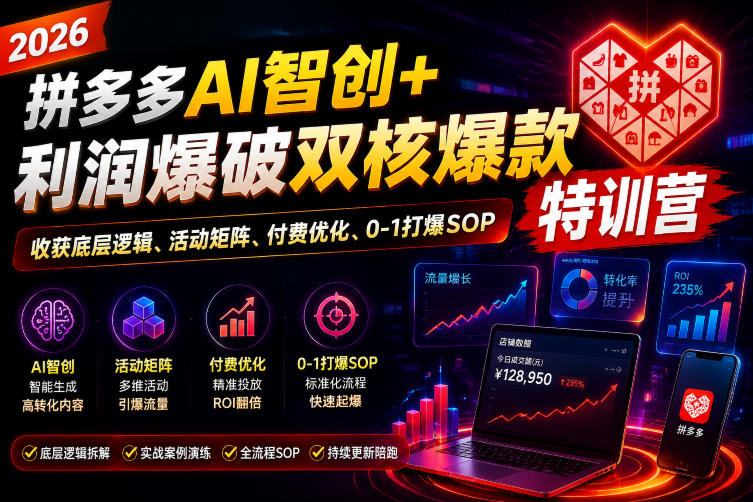 2026拼多多AI智创+利润爆破双核爆款特训营，收获底层逻辑、活动矩阵、付费优化、0-1打爆SOP(更新0810)-91副业网