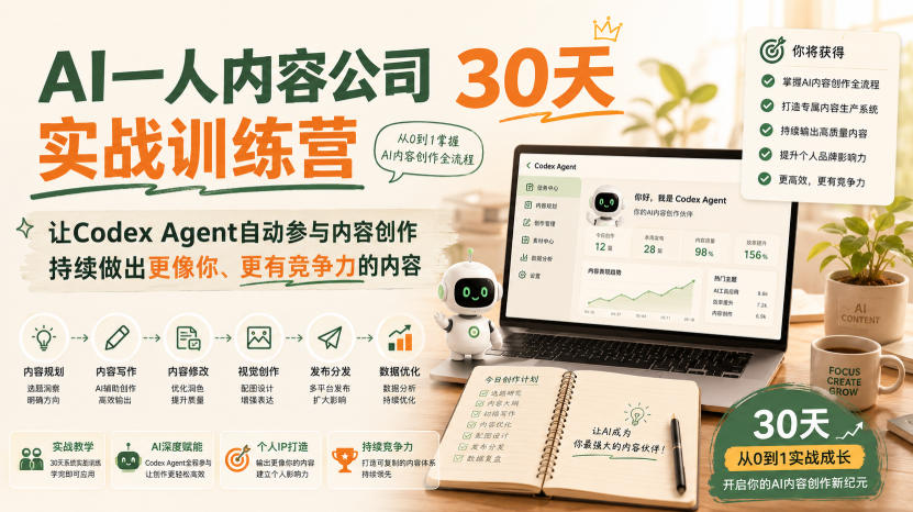 AI一人内容公司30天实战训练营,让Codex Agent自动参与内容创作持续做出更像你、更有竞争力的内容-91副业网