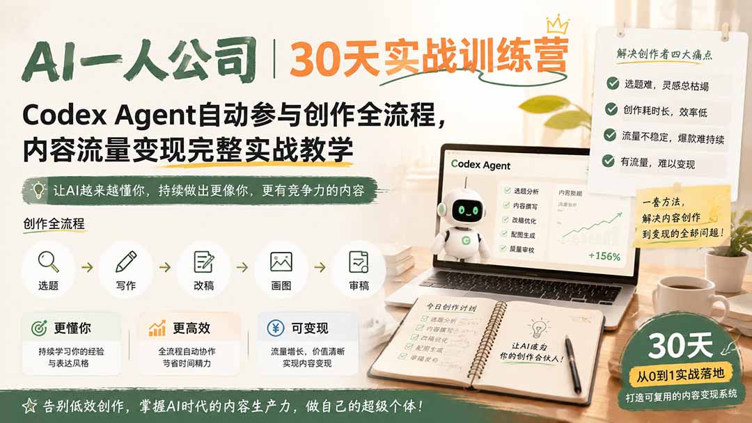 AI一人公司｜30天实战训练营；Codex Agent自动参与创作全流程，内容流量变现完整实战教学-91副业网