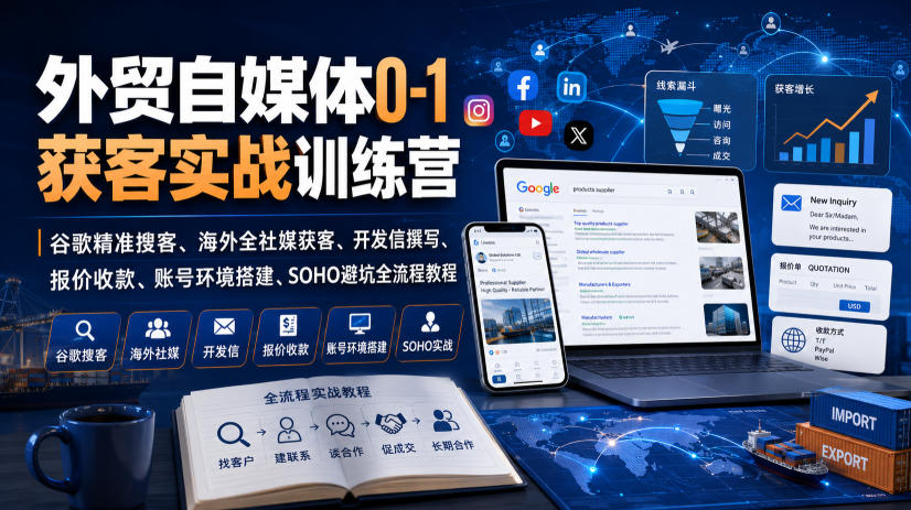 外贸自媒体0-1获客实战训练营|谷歌精准搜客、海外全社媒获客、开发信撰写、报价收款、账号环境搭建、SOHO避坑全流程教程-91副业网