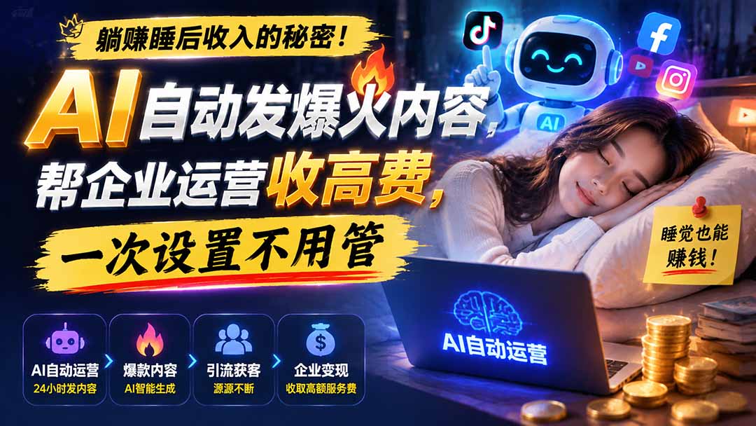 躺赚睡后收入的秘密！AI 自动发爆火内容，帮企业运营收高费，一次设置不用管【原创双语字幕】-91副业网