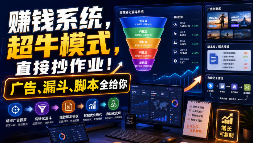 賺钱系统，超牛模式，直接抄作业！广告、漏斗、脚本全给你【原创双语字幕】-91副业网